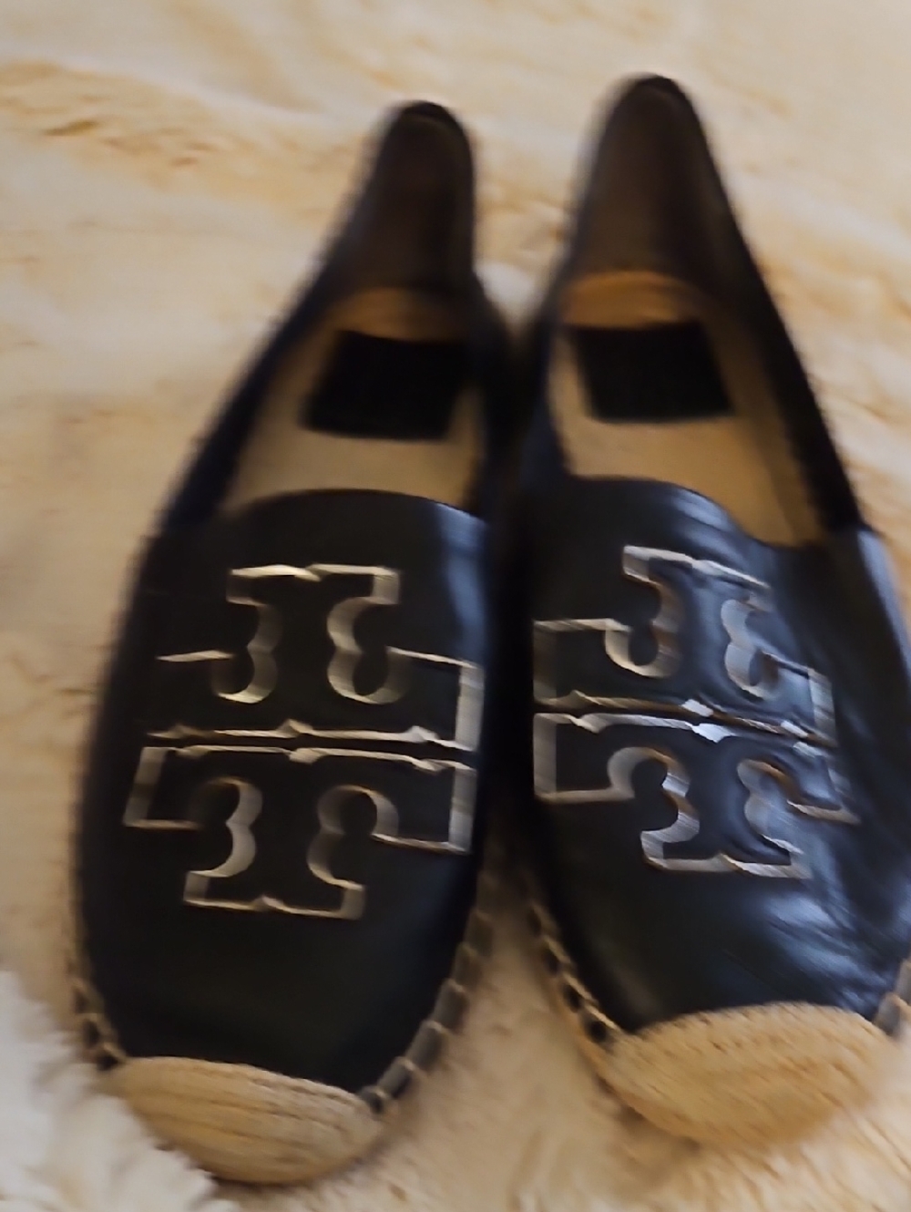 Tory Burch Ines Espadrille Leather Flat Black Silver Shoes US 8